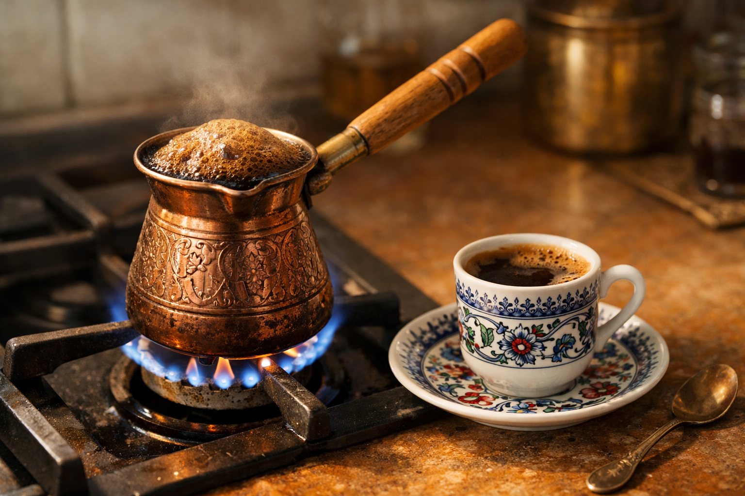 Cezvede demlenen Türk kahvesi ve fincan